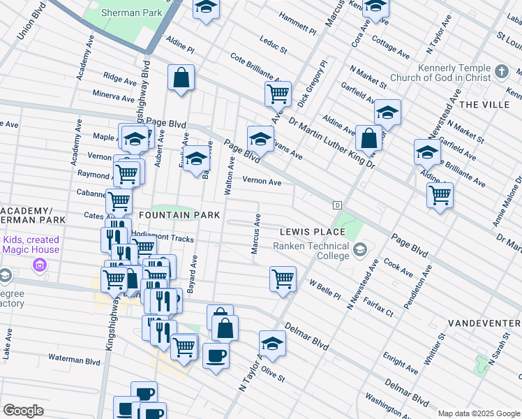map of restaurants, bars, coffee shops, grocery stores, and more near in St. Louis