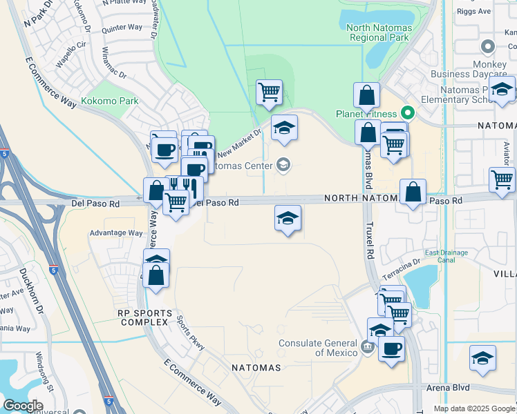 map of restaurants, bars, coffee shops, grocery stores, and more near 2420 Del Paso Road in Sacramento