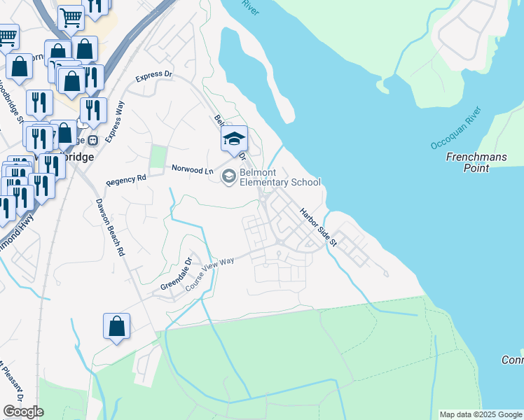 map of restaurants, bars, coffee shops, grocery stores, and more near 721 Belmont Bay Drive in Woodbridge