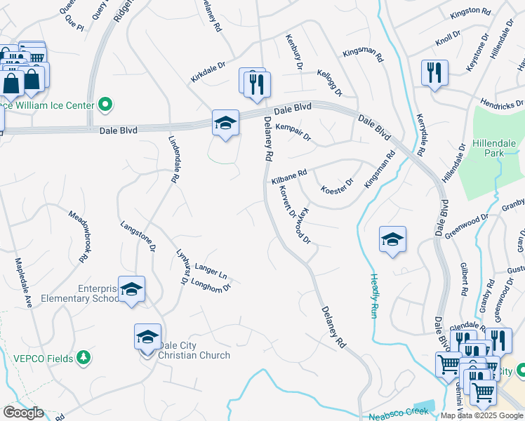 map of restaurants, bars, coffee shops, grocery stores, and more near 13802 Delaney Road in Woodbridge