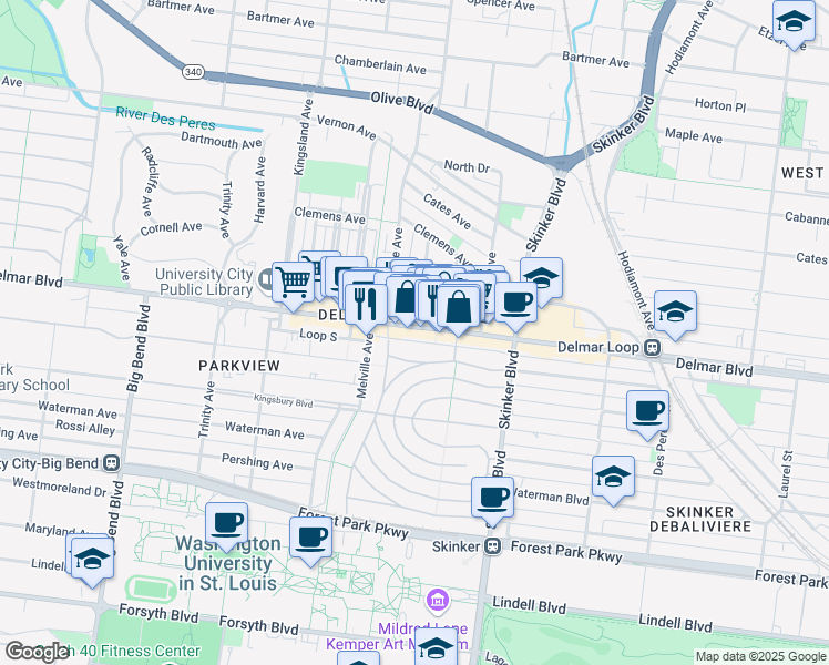 map of restaurants, bars, coffee shops, grocery stores, and more near 6317 Washington Avenue in University City