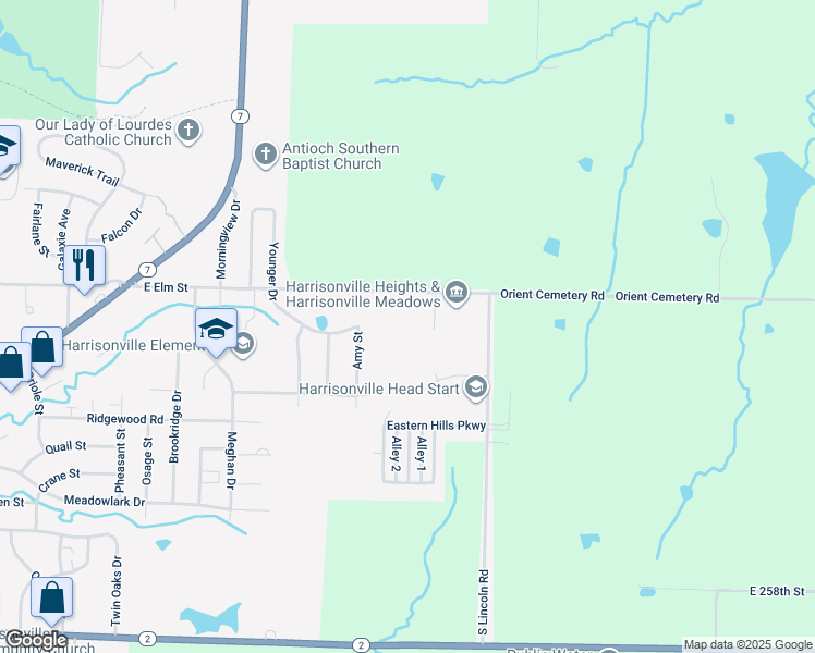 map of restaurants, bars, coffee shops, grocery stores, and more near 3001 East Elm Street in Harrisonville