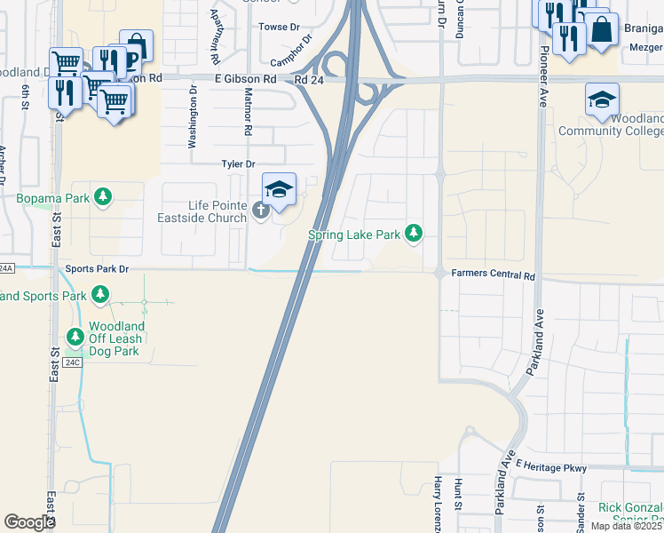 map of restaurants, bars, coffee shops, grocery stores, and more near 1804 Estrada Drive in Woodland