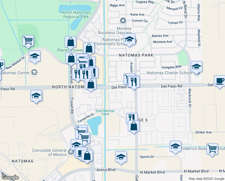 map of restaurants, bars, coffee shops, grocery stores, and more near 1990 Del Paso Road in Sacramento