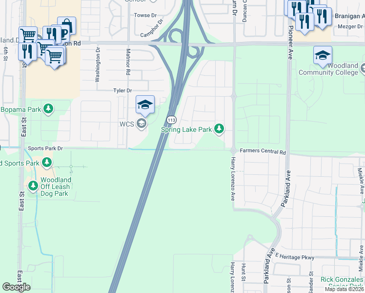 map of restaurants, bars, coffee shops, grocery stores, and more near 1804 Estrada Drive in Woodland