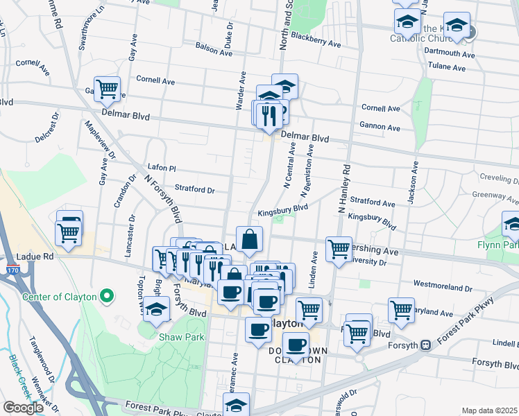 map of restaurants, bars, coffee shops, grocery stores, and more near 220 North Meramec Avenue in Clayton