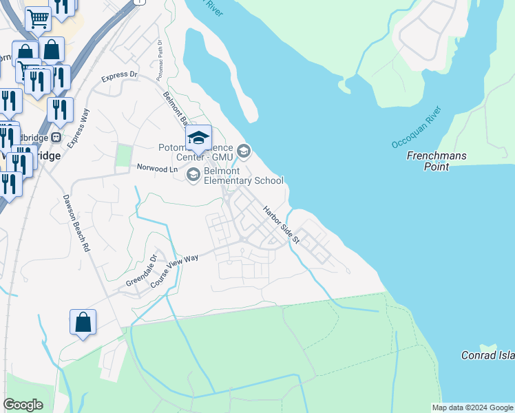 map of restaurants, bars, coffee shops, grocery stores, and more near 705 Harbor Side Street in Woodbridge