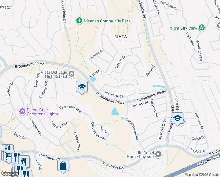 map of restaurants, bars, coffee shops, grocery stores, and more near 2019 Stockman Circle in Folsom