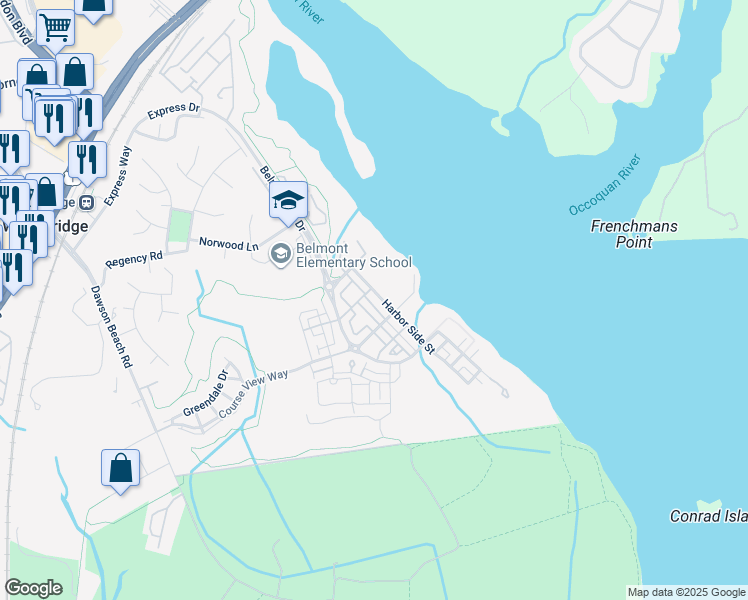 map of restaurants, bars, coffee shops, grocery stores, and more near 705 Harbor Side Street in Woodbridge