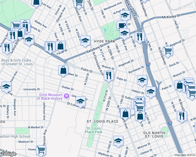 map of restaurants, bars, coffee shops, grocery stores, and more near 2140 Hebert Street in St. Louis