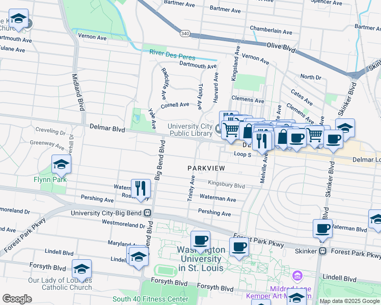 map of restaurants, bars, coffee shops, grocery stores, and more near 6904 Washington Avenue in University City