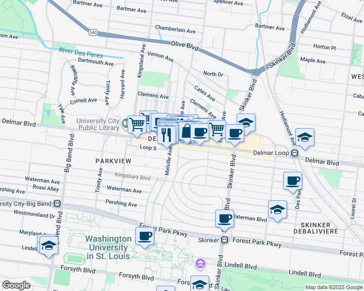 map of restaurants, bars, coffee shops, grocery stores, and more near 6361 Washington Avenue in University City