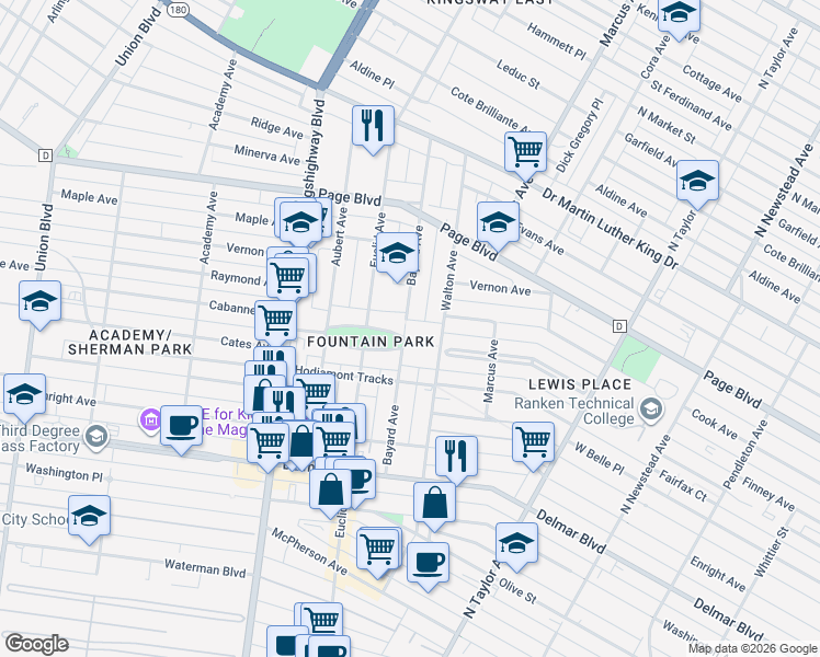 map of restaurants, bars, coffee shops, grocery stores, and more near 4826 Fountain Avenue in St. Louis