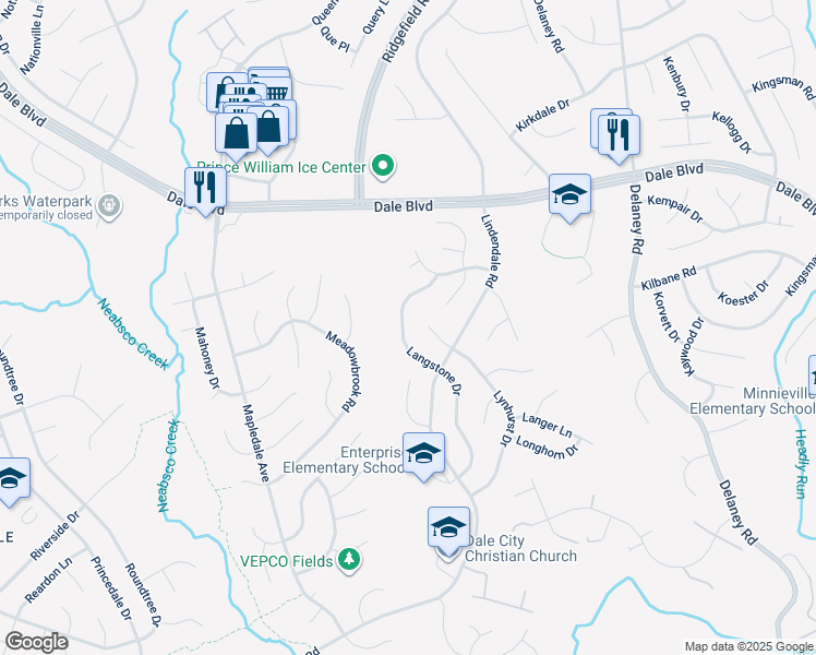 map of restaurants, bars, coffee shops, grocery stores, and more near 13719 Langstone Drive in Woodbridge