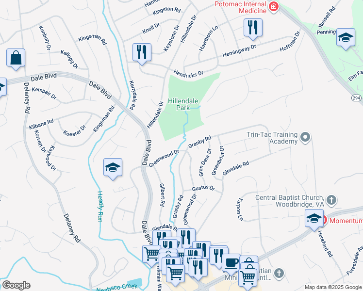 map of restaurants, bars, coffee shops, grocery stores, and more near 13697 Greenwood Drive in Woodbridge