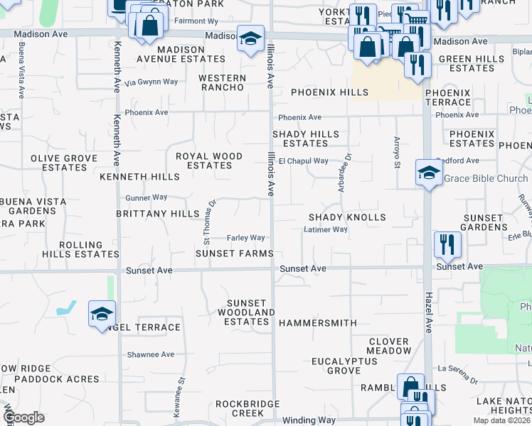 map of restaurants, bars, coffee shops, grocery stores, and more near 4949 Saint Thomas Drive in Fair Oaks