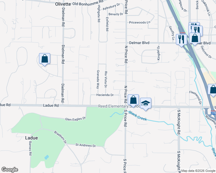 map of restaurants, bars, coffee shops, grocery stores, and more near 10 Rio Vista Drive in St. Louis
