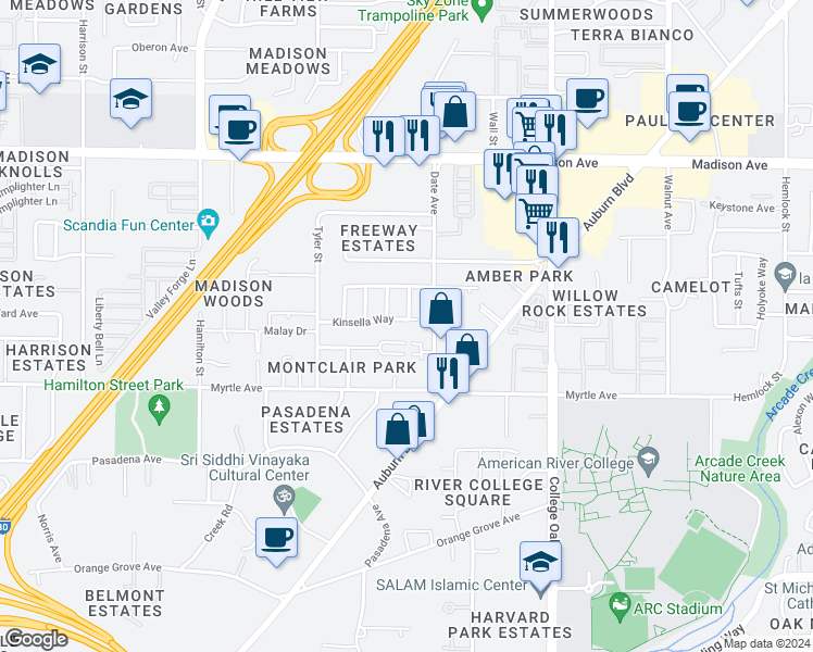 map of restaurants, bars, coffee shops, grocery stores, and more near 4622 Kinsella Lane in Sacramento