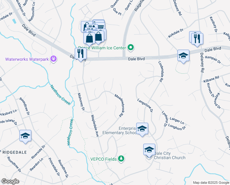 map of restaurants, bars, coffee shops, grocery stores, and more near 13781 Meadowbrook Road in Woodbridge