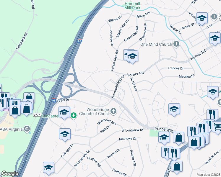 map of restaurants, bars, coffee shops, grocery stores, and more near 1061 Gardenview Loop in Woodbridge