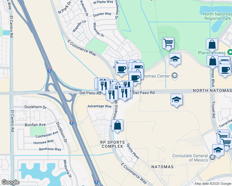 map of restaurants, bars, coffee shops, grocery stores, and more near Del Paso Road & East Commerce Way in Sacramento
