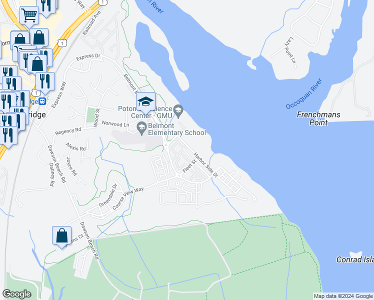 map of restaurants, bars, coffee shops, grocery stores, and more near 709 Harbor Side Street in Woodbridge