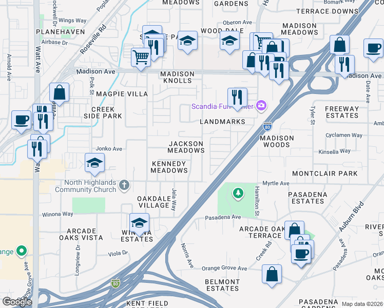 map of restaurants, bars, coffee shops, grocery stores, and more near 4965 Harrison Street in North Highlands