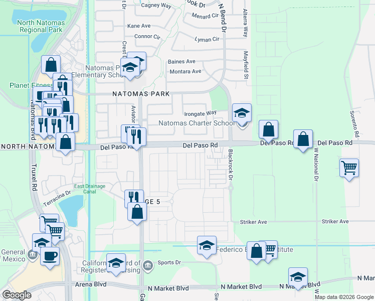 map of restaurants, bars, coffee shops, grocery stores, and more near 1790 Harwood Way in Sacramento