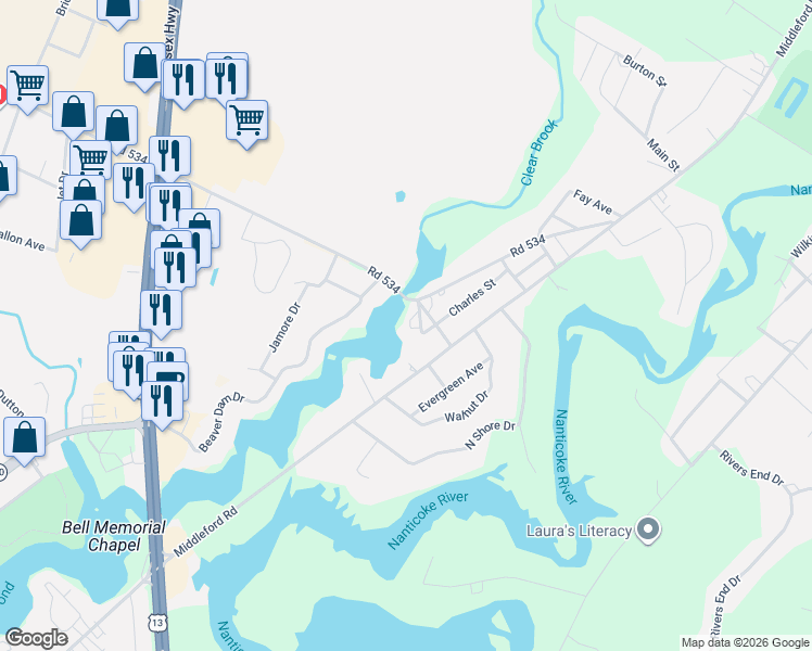 map of restaurants, bars, coffee shops, grocery stores, and more near 9556 Tharp Road in Seaford