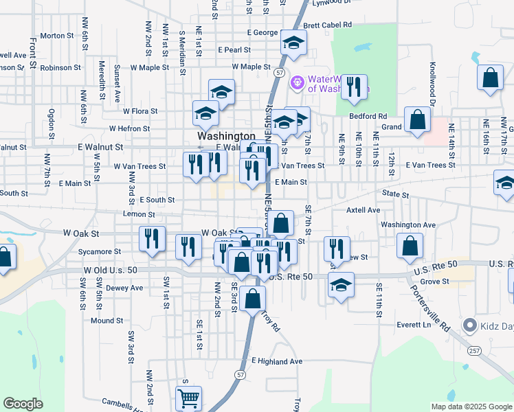 map of restaurants, bars, coffee shops, grocery stores, and more near 2-98 SE 4th St in Washington