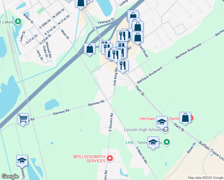 map of restaurants, bars, coffee shops, grocery stores, and more near 413 Felt King Road in Vincennes
