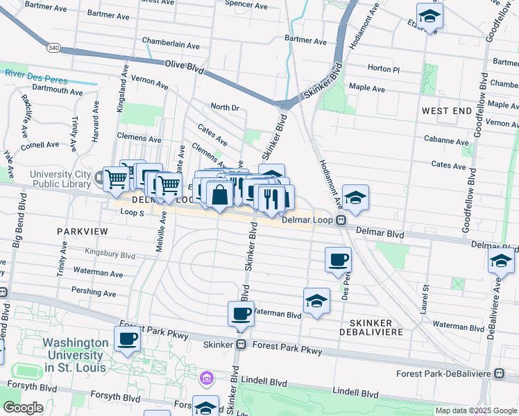 map of restaurants, bars, coffee shops, grocery stores, and more near 635 North Skinker Boulevard in St. Louis