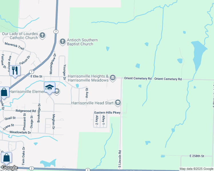 map of restaurants, bars, coffee shops, grocery stores, and more near 3001 East Elm Street in Harrisonville