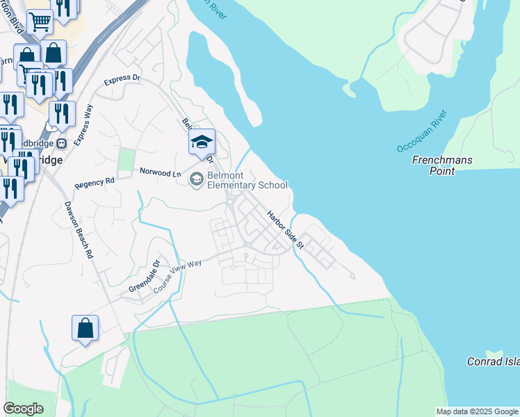 map of restaurants, bars, coffee shops, grocery stores, and more near 709 Harbor Side Street in Woodbridge
