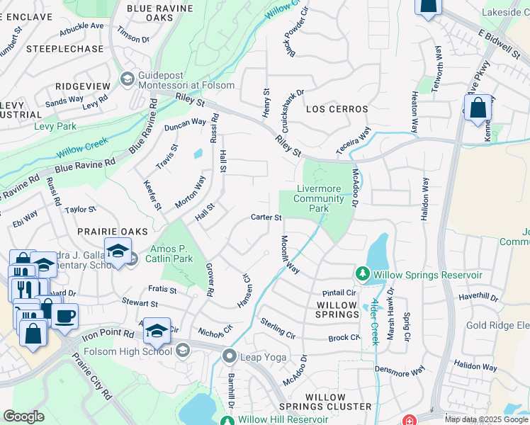 map of restaurants, bars, coffee shops, grocery stores, and more near 968 Carter Street in Folsom