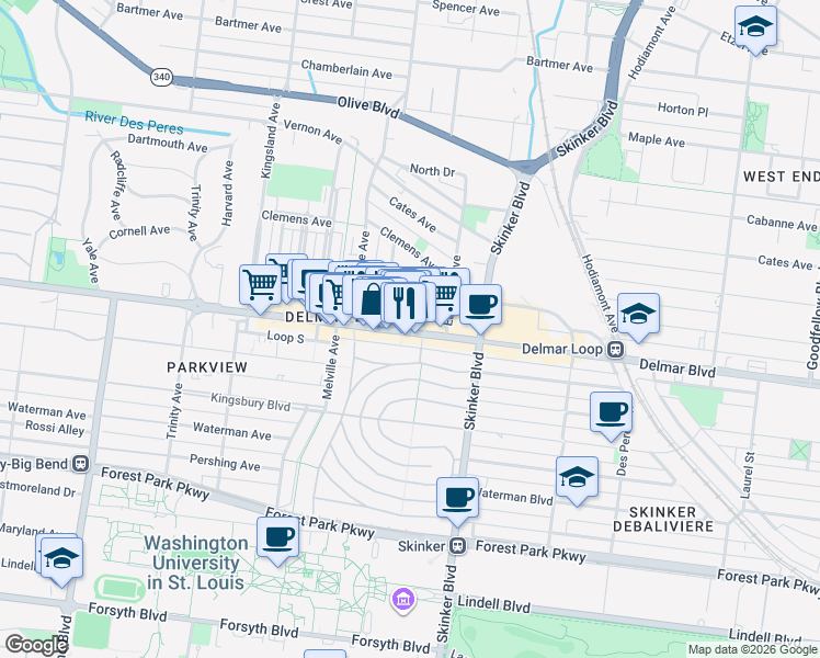 map of restaurants, bars, coffee shops, grocery stores, and more near 6273 Delmar Blvd in St Louis