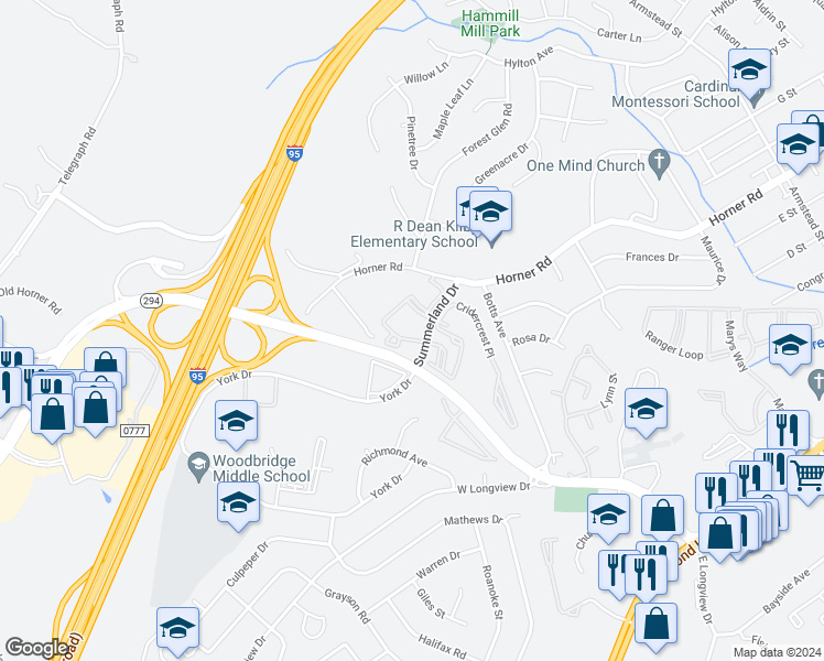 map of restaurants, bars, coffee shops, grocery stores, and more near 1067 Gardenview Loop in Woodbridge