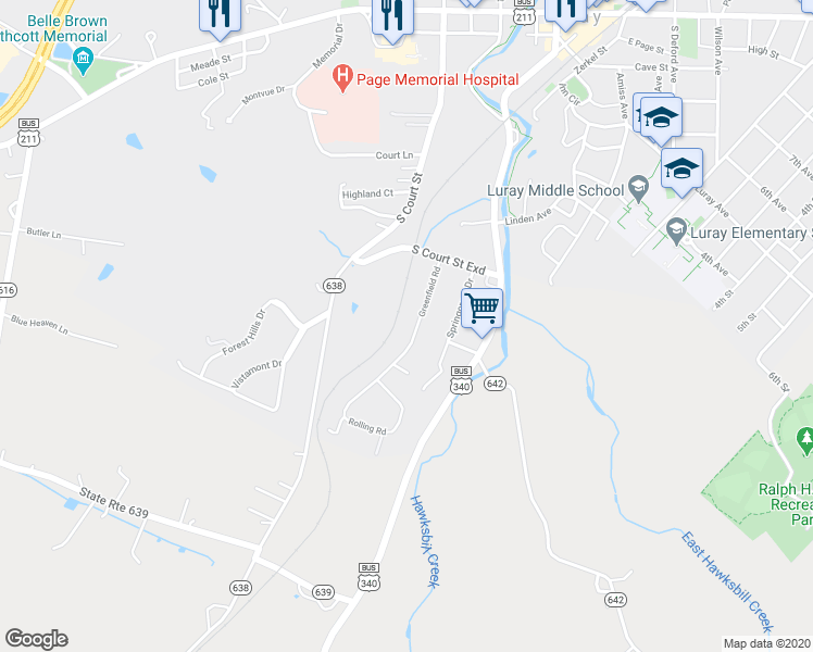 map of restaurants, bars, coffee shops, grocery stores, and more near 18 Greenfield Road in Luray