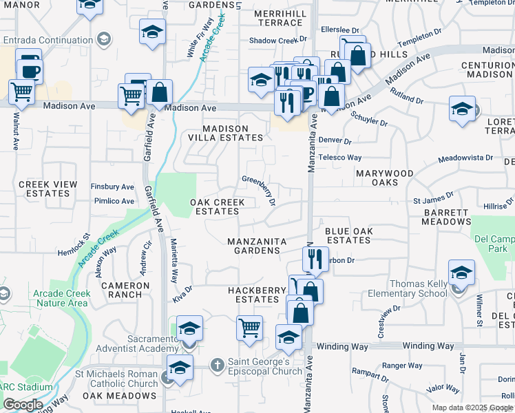 map of restaurants, bars, coffee shops, grocery stores, and more near 4950 Hackberry Lane in Sacramento