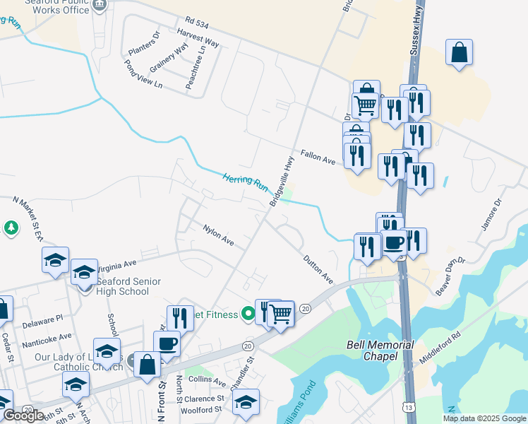 map of restaurants, bars, coffee shops, grocery stores, and more near 201 Ross Street in Seaford