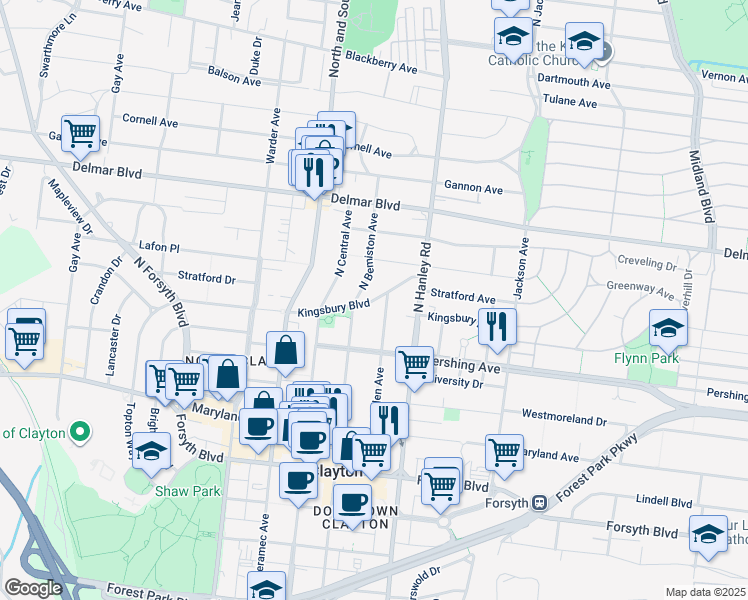 map of restaurants, bars, coffee shops, grocery stores, and more near 7739 Kingsbury Boulevard in Clayton