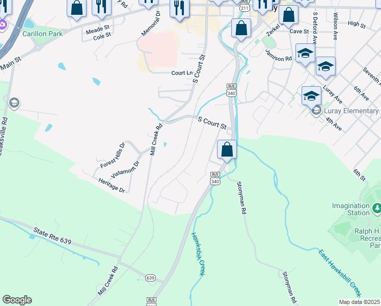 map of restaurants, bars, coffee shops, grocery stores, and more near 18 Greenfield Road in Luray