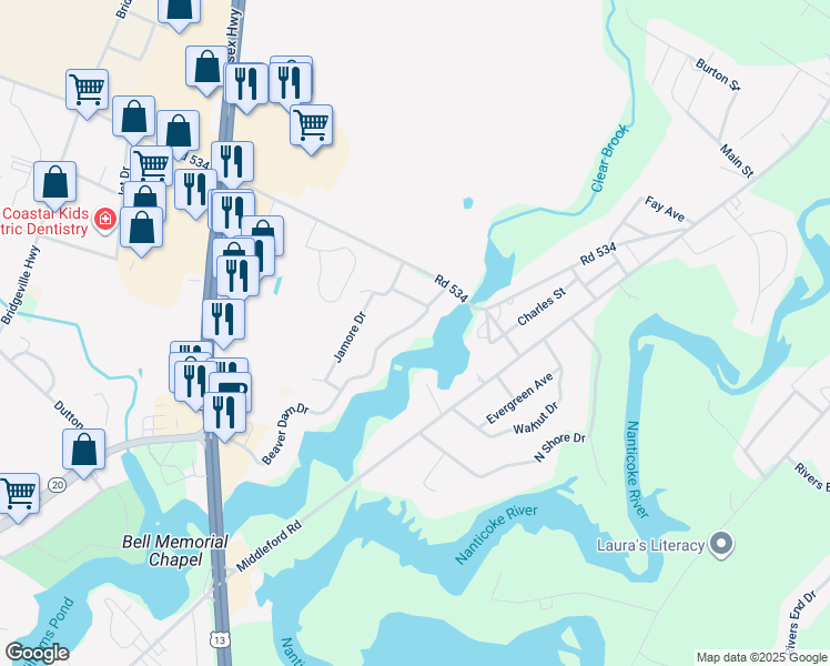 map of restaurants, bars, coffee shops, grocery stores, and more near 24185 Beaver Dam Drive in Seaford