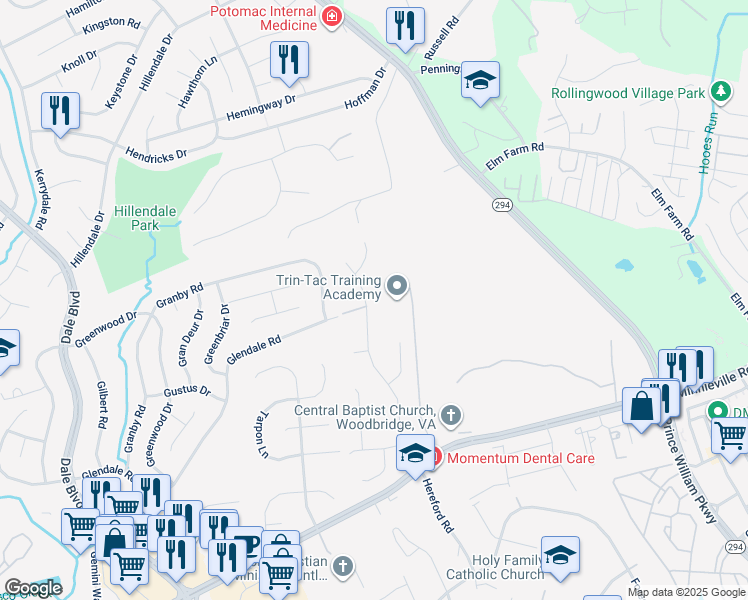 map of restaurants, bars, coffee shops, grocery stores, and more near 13735 Andorra Drive in Woodbridge
