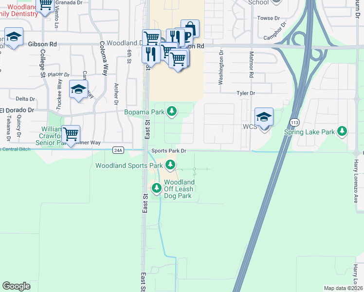 map of restaurants, bars, coffee shops, grocery stores, and more near Sports Park Drive in Woodland
