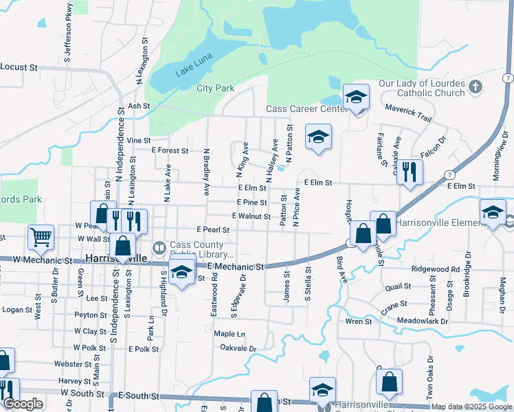 map of restaurants, bars, coffee shops, grocery stores, and more near 1105 East Elm Street in Harrisonville