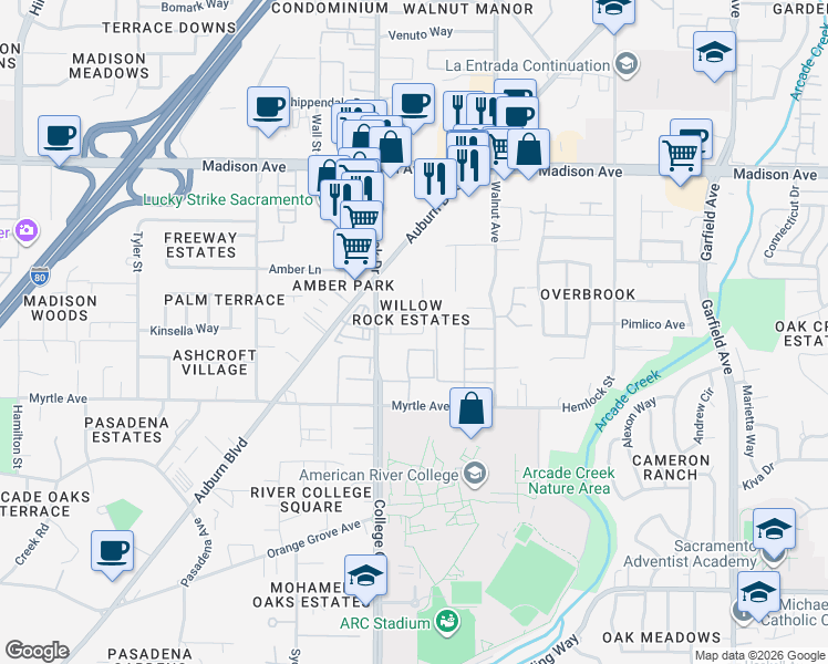 map of restaurants, bars, coffee shops, grocery stores, and more near 4950 Saddlerock Way in Sacramento