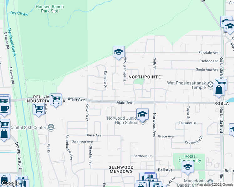 map of restaurants, bars, coffee shops, grocery stores, and more near 124 Pinedale Avenue in Sacramento