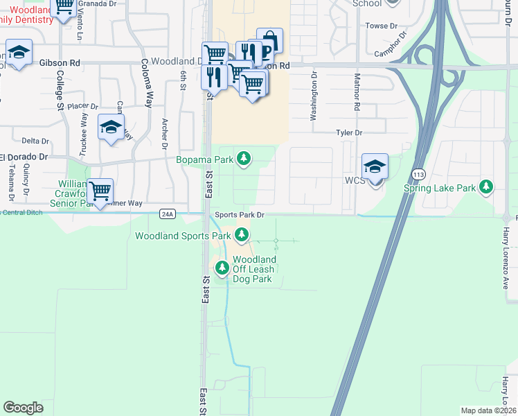 map of restaurants, bars, coffee shops, grocery stores, and more near Sports Park Drive in Woodland