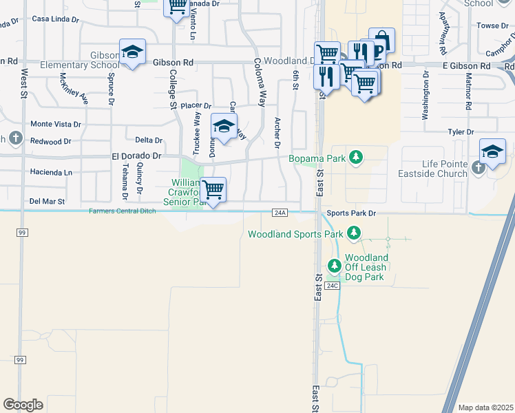 map of restaurants, bars, coffee shops, grocery stores, and more near 1729 Coloma Way in Woodland